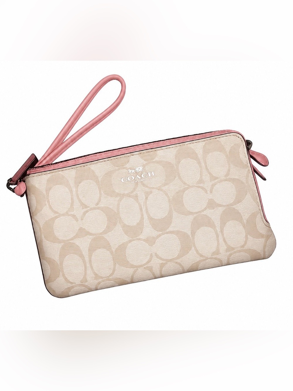 COACH Beige Signature Canvas Wristlet with Pink Trim